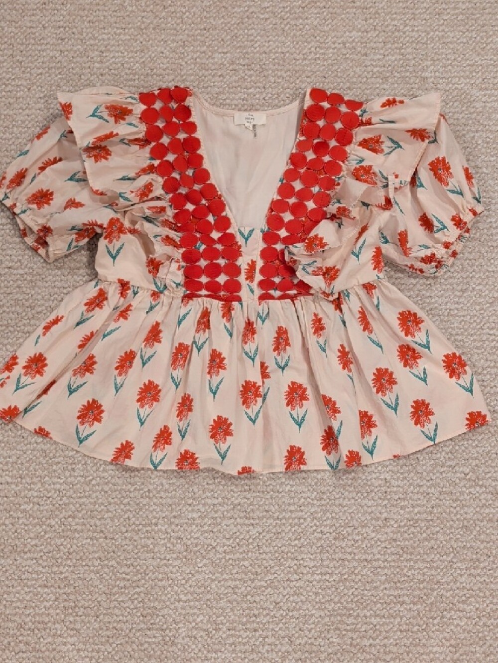 entro Cream Floral Peplum Top with Orange Embroidered Trim - Picture 2 of 4